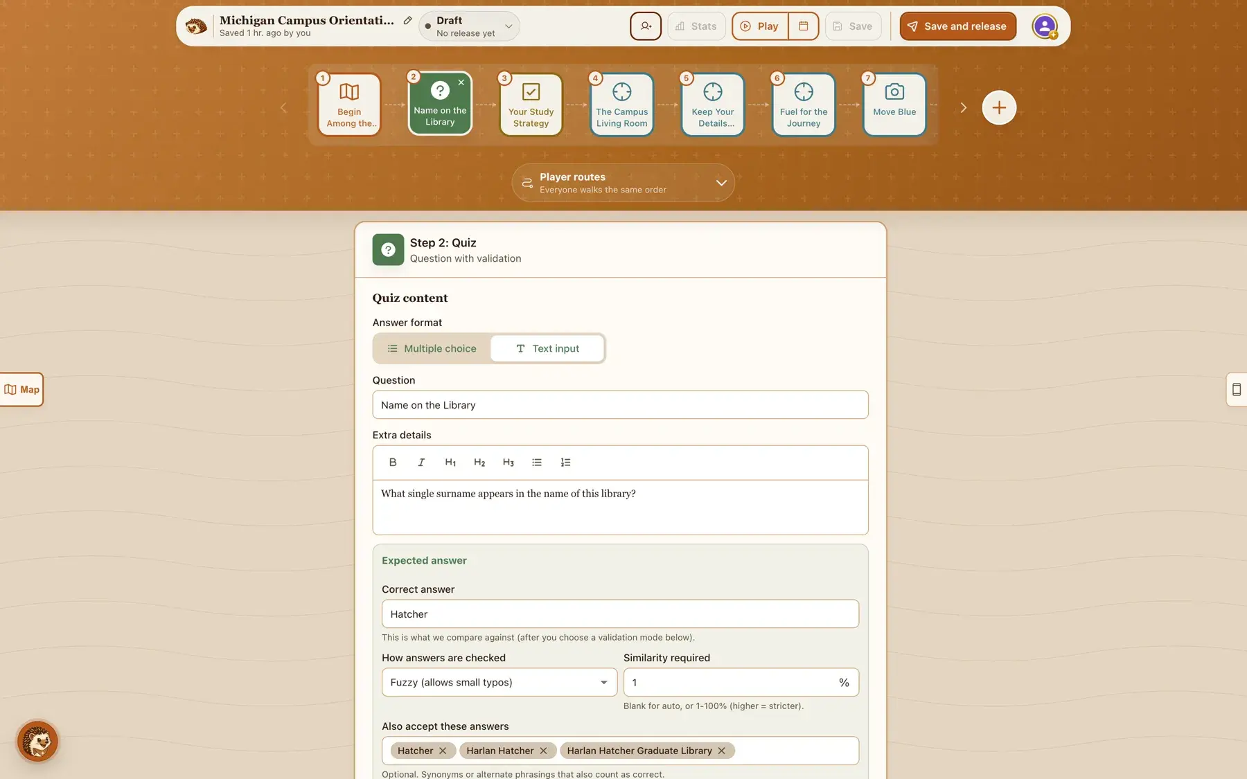 The builder showing a typed quiz step that asks for the name on the campus library, with the correct answer and the setting that decides how close a typed answer must be