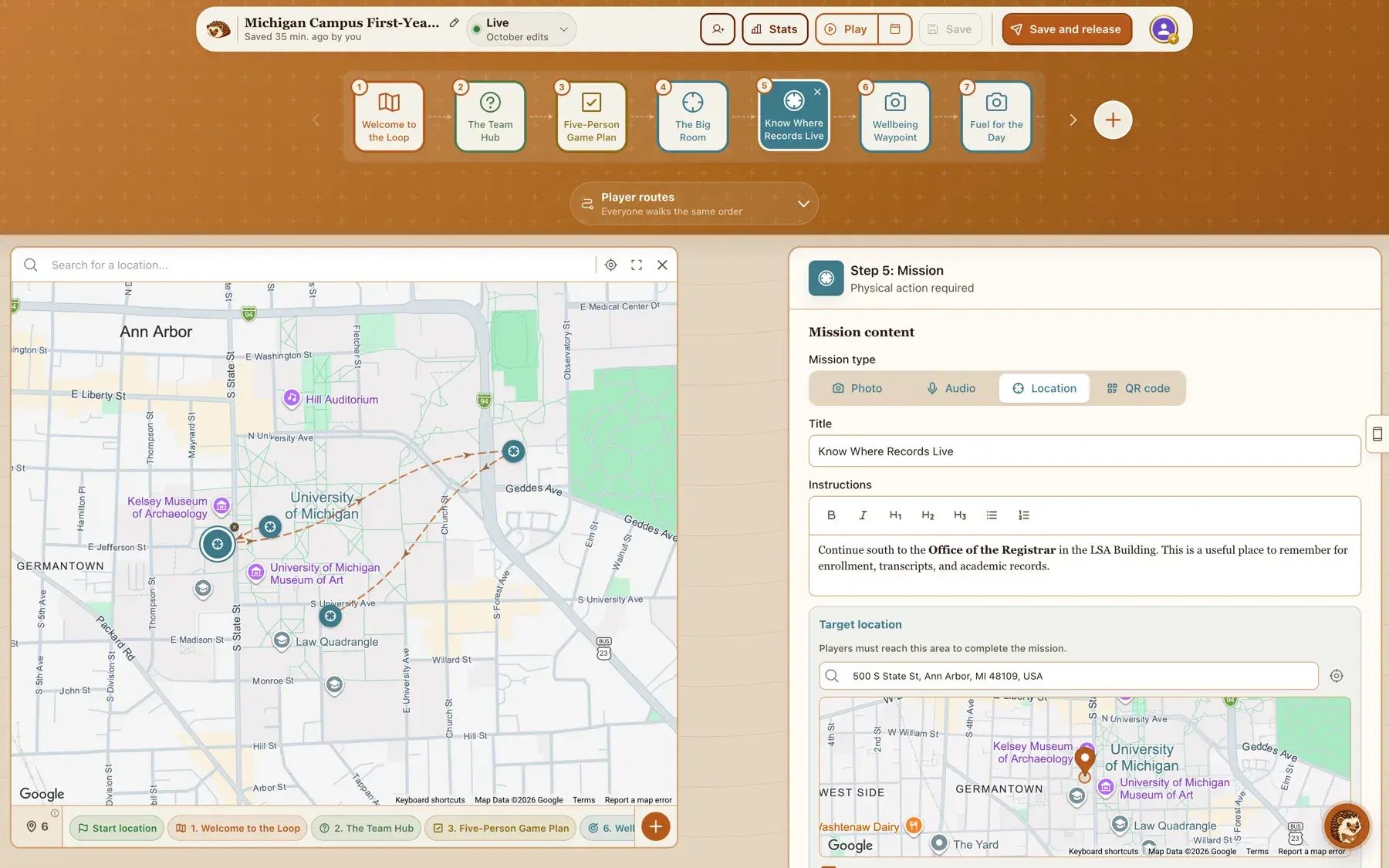 The builder map showing the drafted eight-stop loop around a campus, beside a location check-in step for the registrar's office