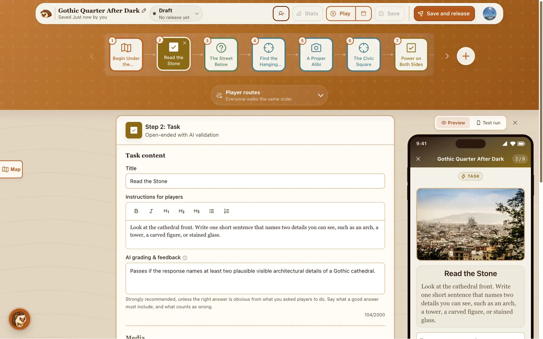 The builder editing a written task from Gothic Quarter After Dark, naming two details of the cathedral front, with the AI grading rule and the phone preview beside it