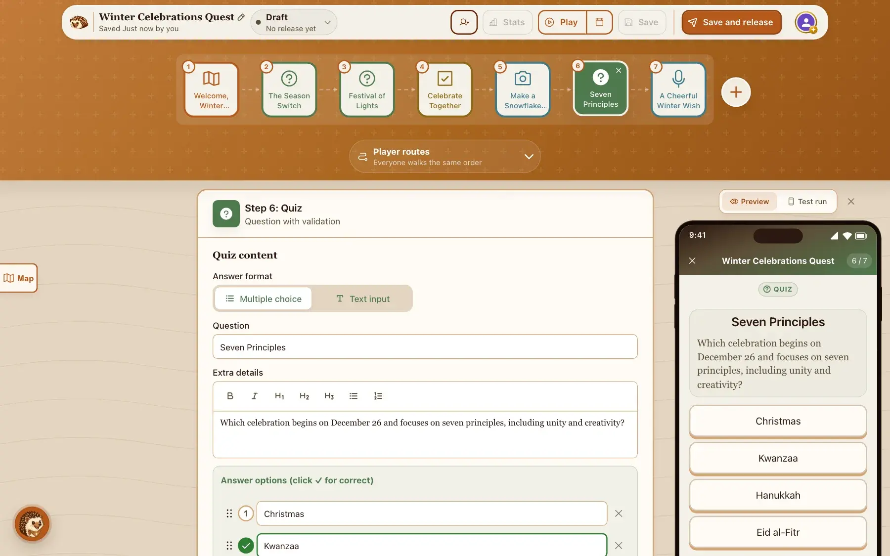 The builder showing the seven drafted steps of a winter hunt and a multiple choice question about Kwanzaa, beside the phone preview