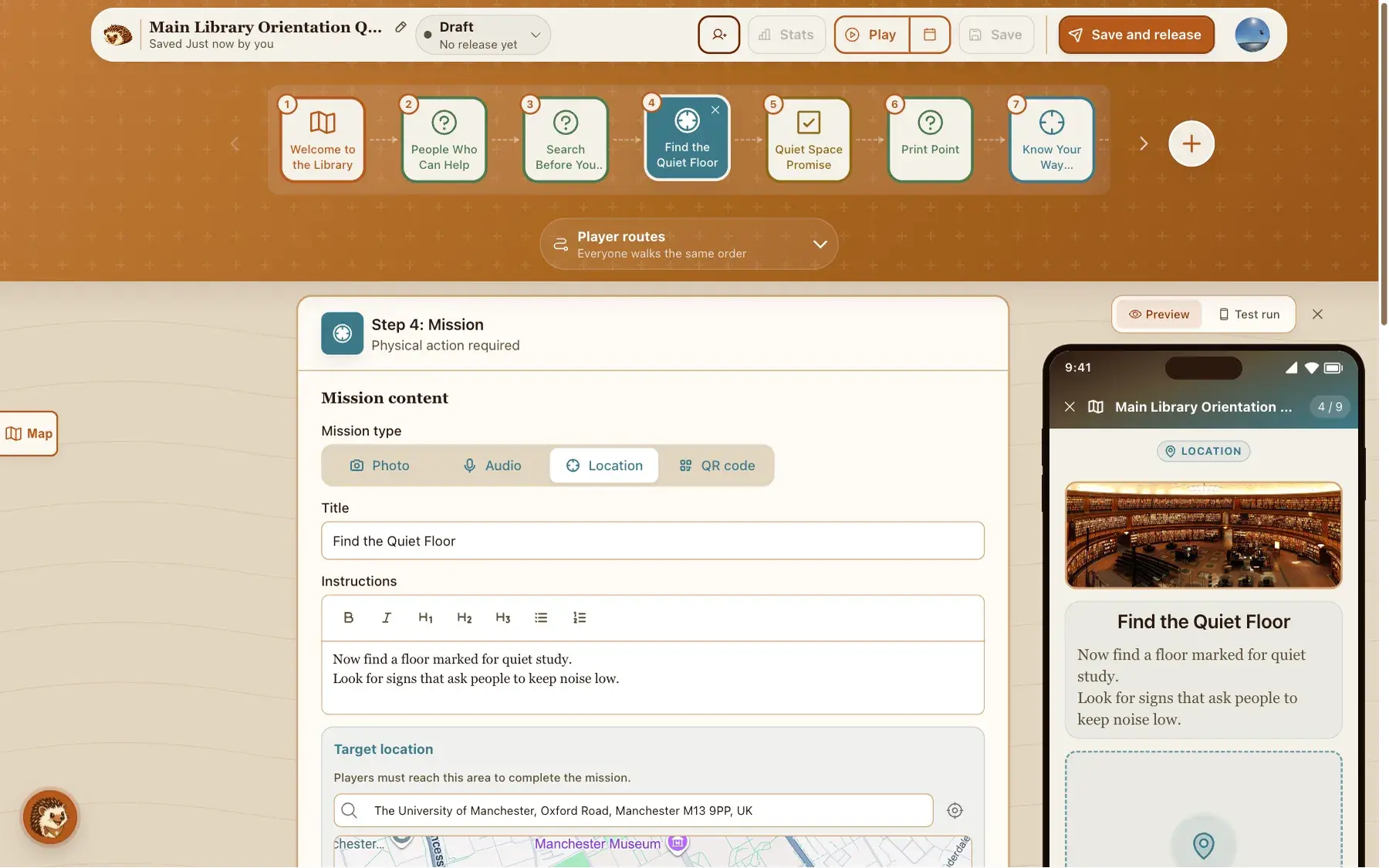 The builder showing Main Library Orientation Quest, an AI-generated library orientation hunt, on the location mission that sends students to the quiet floor