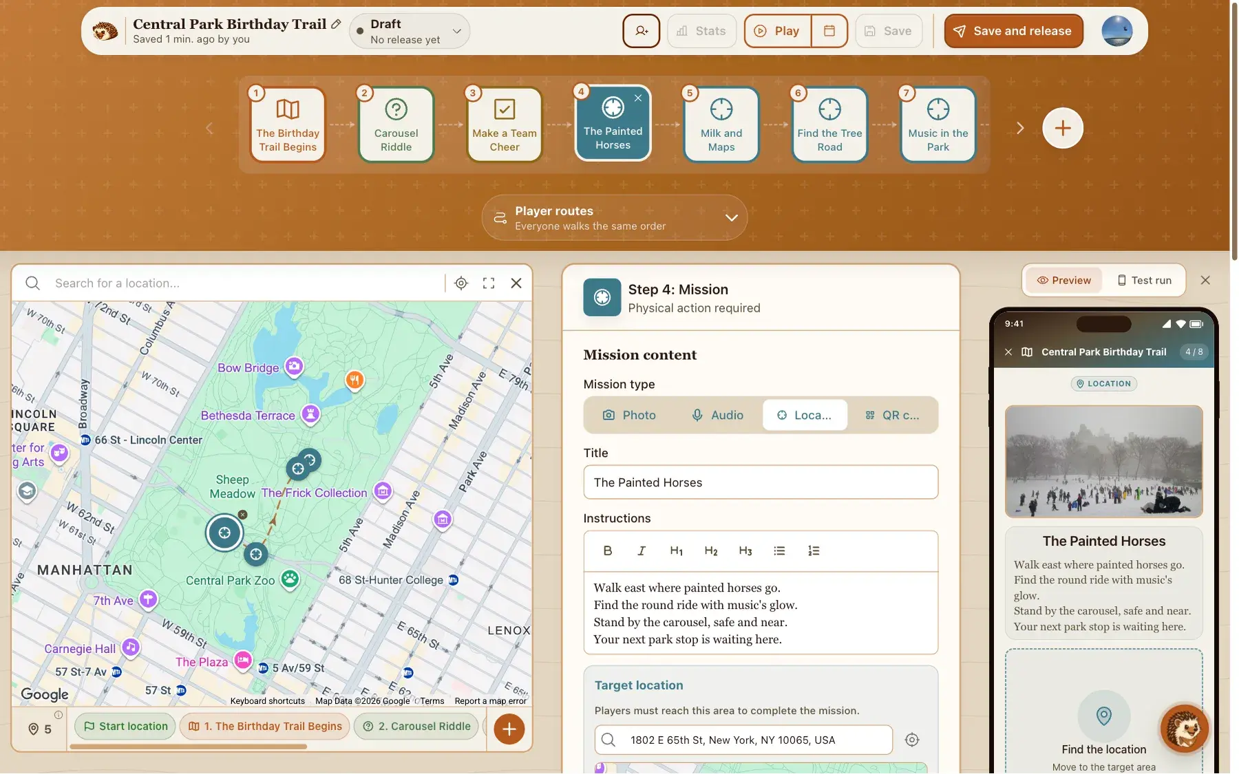 The builder map for Central Park Birthday Trail, showing the drafted route through the park and a location mission at the carousel, with the phone preview beside it