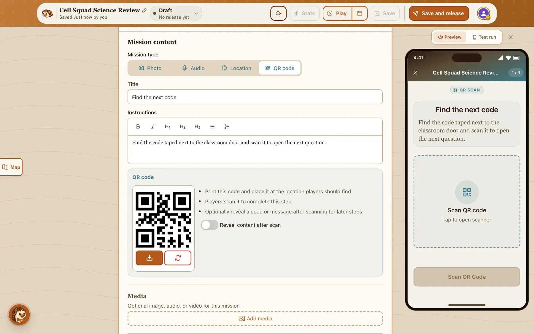The builder showing a QR code mission with its printable code and a download button, beside the phone preview. We added this step by hand in front of the first question, as the article describes, because the generator does not make QR stops.