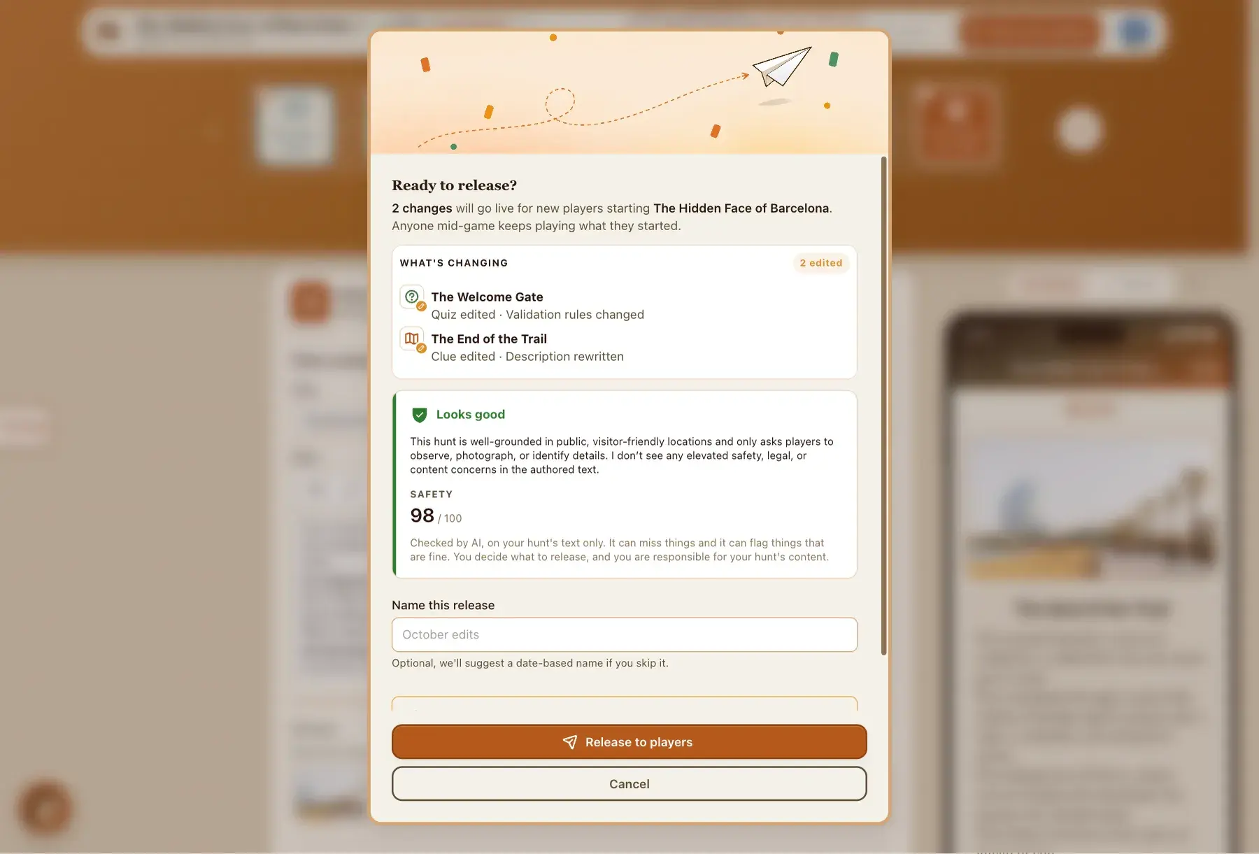 The safety review card in the release dialog: a Looks good verdict with its safety score, above the list of changed steps and the Release to players button