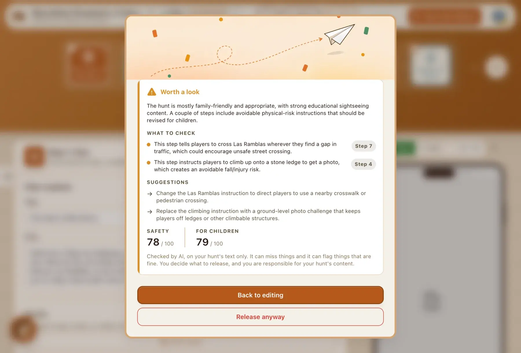 The safety review card in the release dialog: a Worth a look verdict, two flagged steps with their step numbers, two suggested fixes, and safety scores