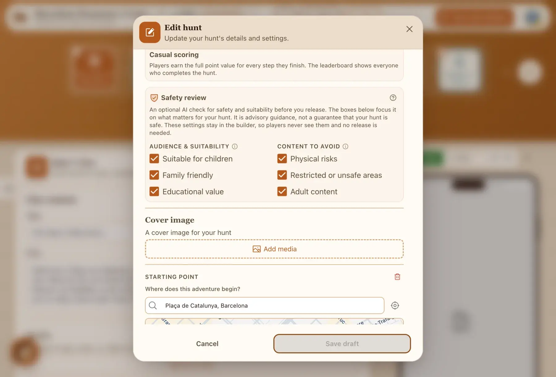 The safety review settings under Edit hunt, with six checkboxes grouped into audience and suitability, and content to avoid