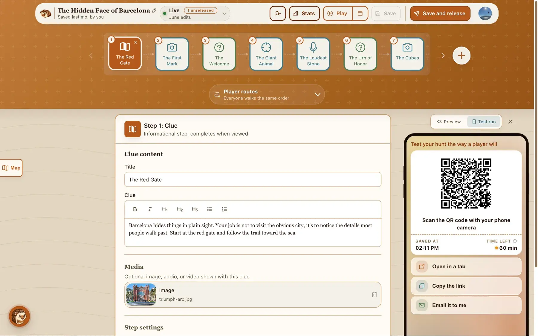 The test run panel in the builder: a QR code to scan, when the hunt was saved, an hour left on the run, and buttons to open the link, copy it, or email it to yourself