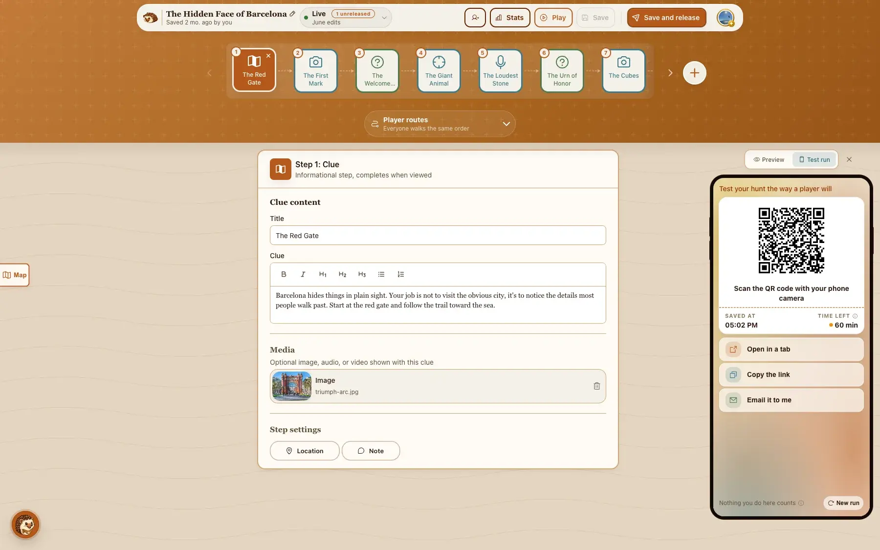 The test run panel in the builder: a QR code to scan, when the hunt was saved, an hour left on the run, and buttons to open the link, copy it, or email it to yourself