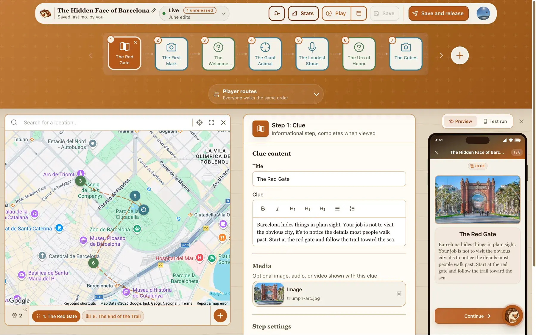 The builder trail map: steps pinned on a Barcelona map, the step form beside it, and a phone showing what the player will see