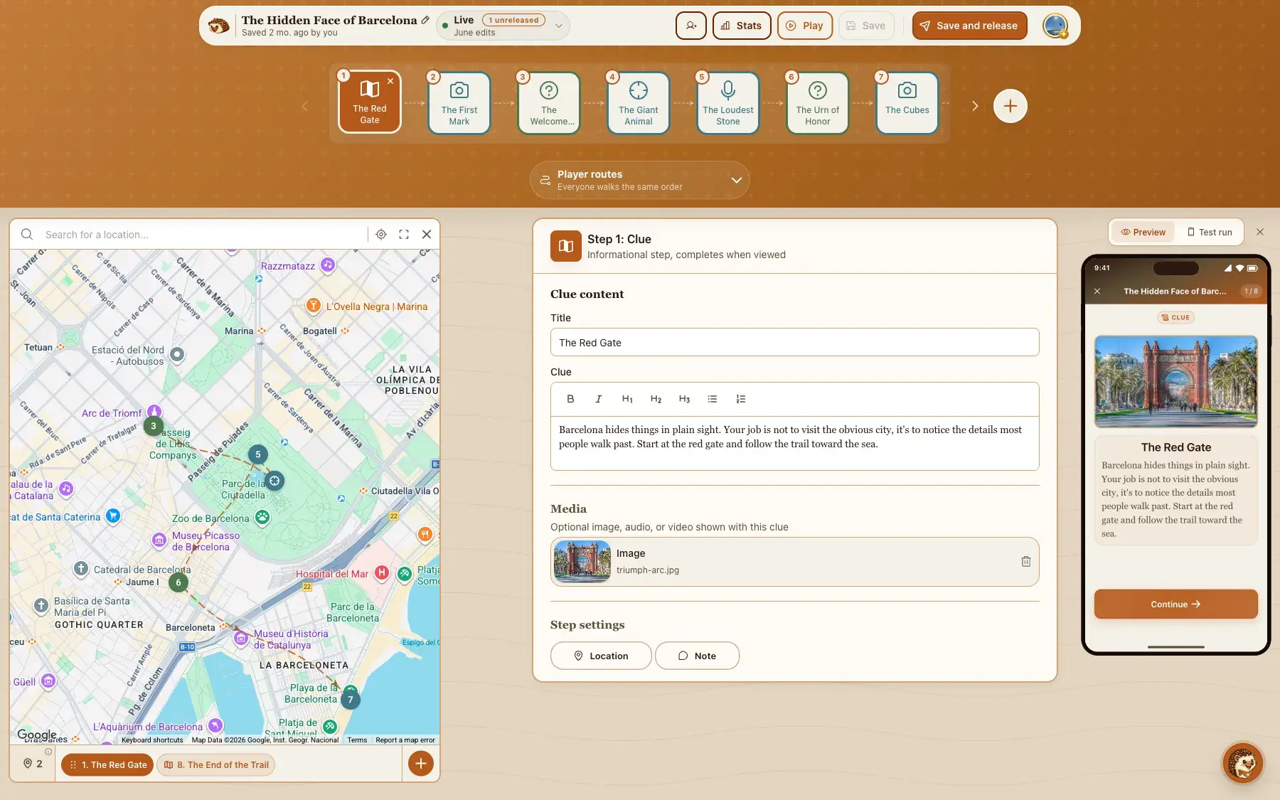 The builder trail map: steps pinned on a Barcelona map, the step form beside it, and a phone showing what the player will see