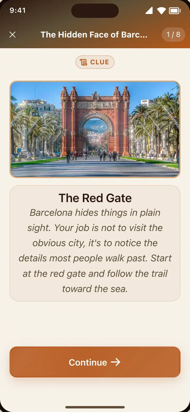 A player reading the first clue of a Barcelona hunt, with a photo of the red gate