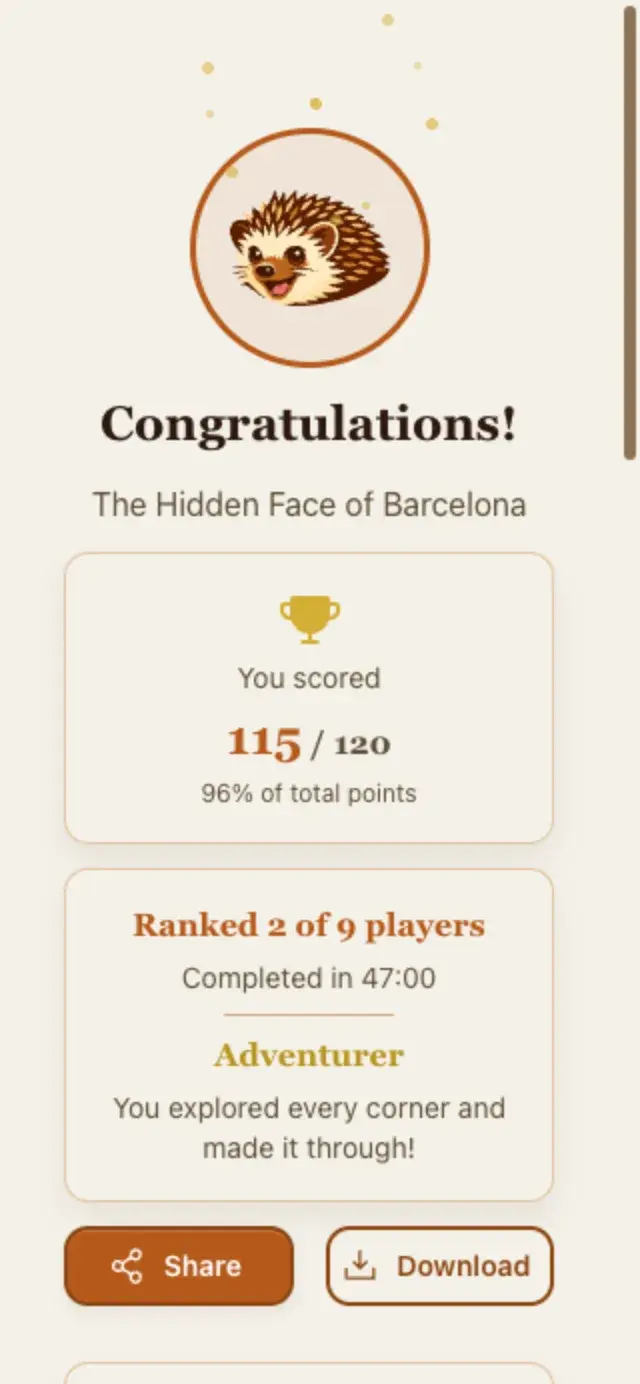 The completion screen: score reveal, rank on the leaderboard, and share and download buttons for the results card