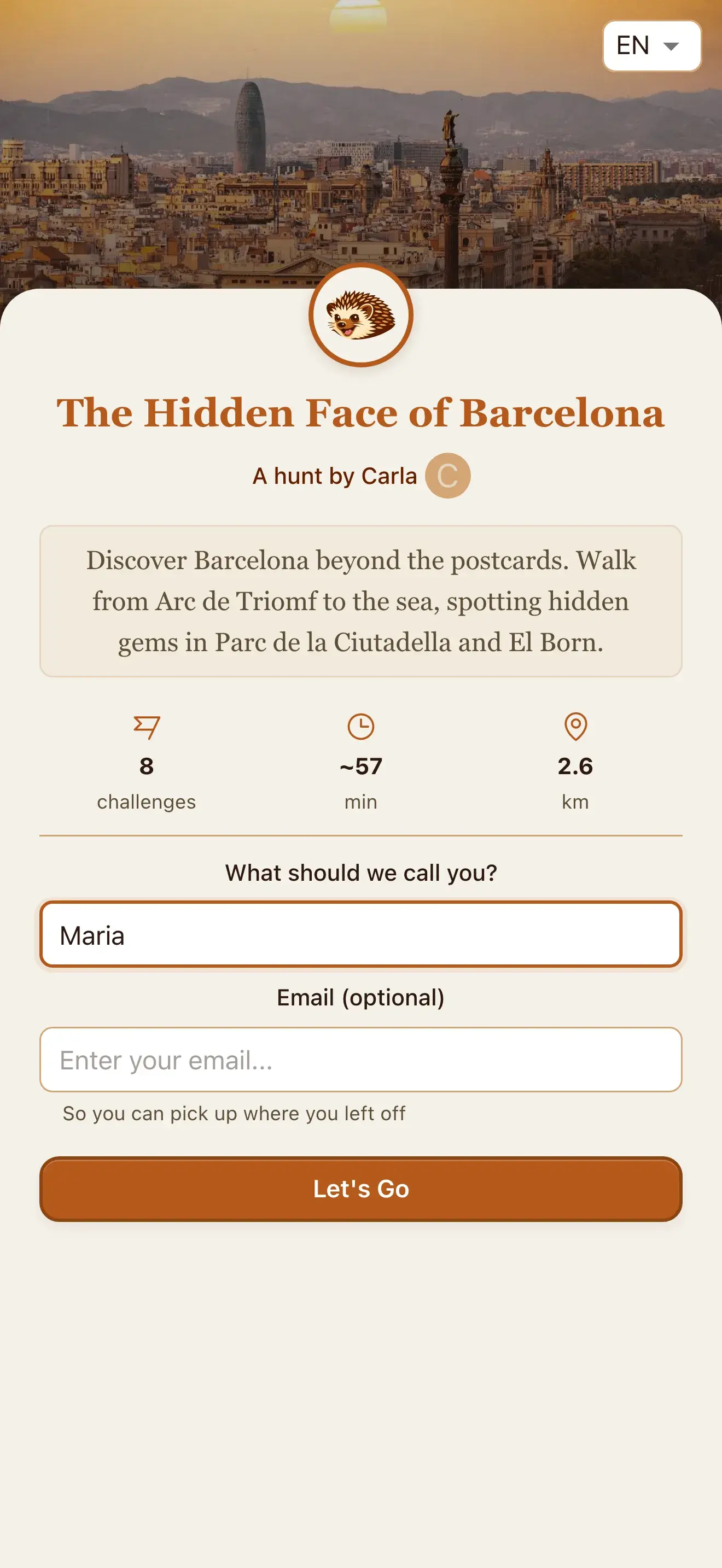 The join screen of a hunt: name and optional email, then Let's Go