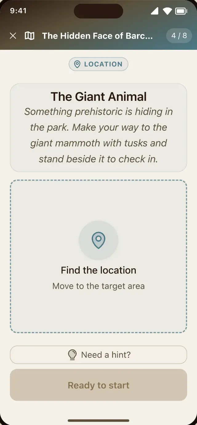 A player on a location mission, moving to the target area to check in