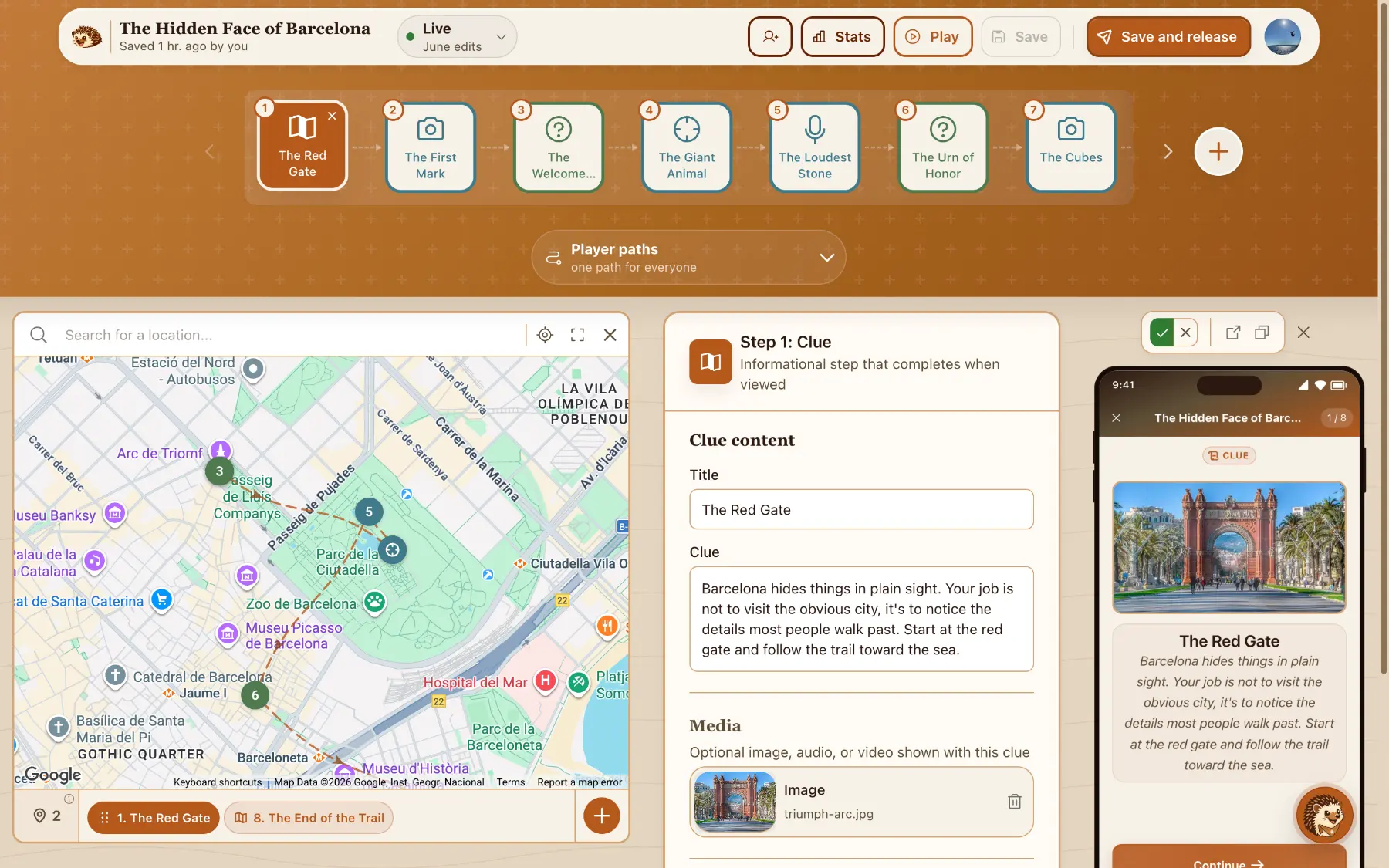 The builder trail map: steps pinned on a Barcelona map next to the step form and live phone preview