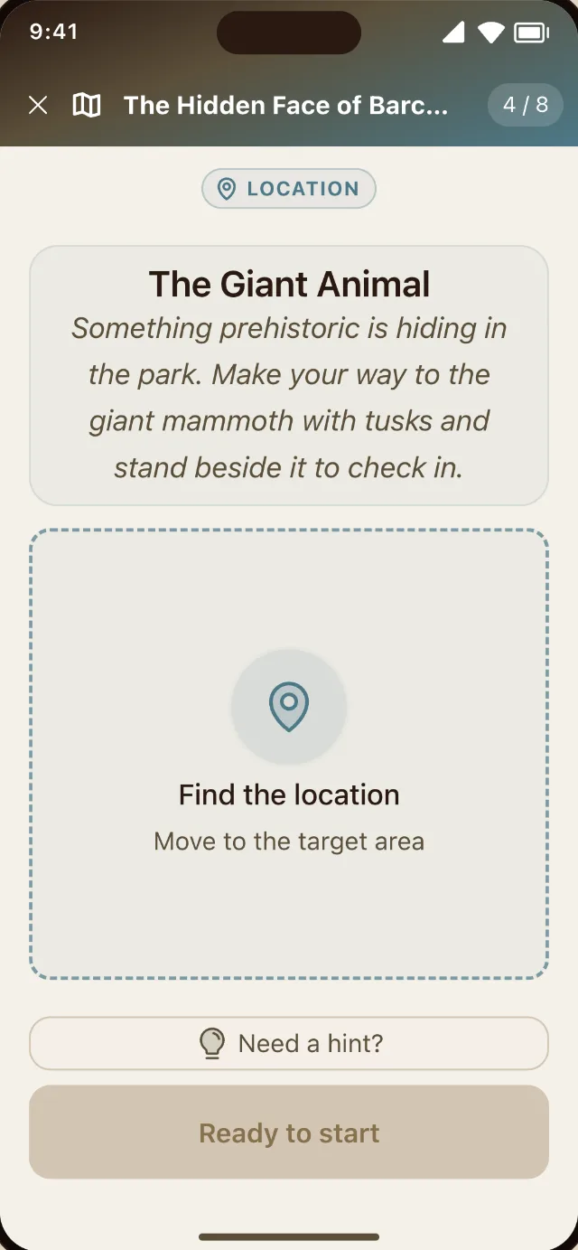 A player on a location mission, moving to the target area to check in